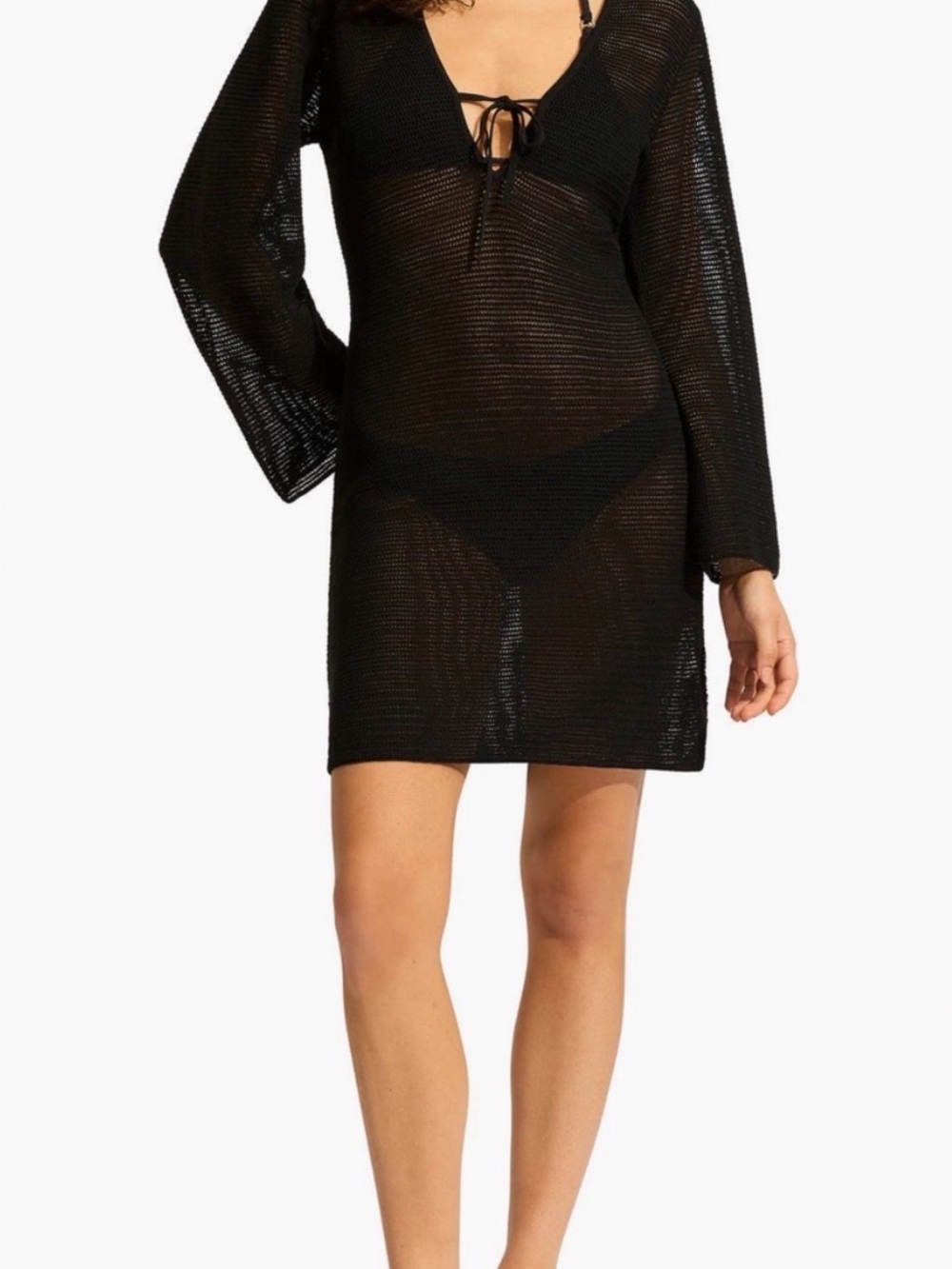 Seafolly Black Sheer Knit Mini Cover-Up Dress